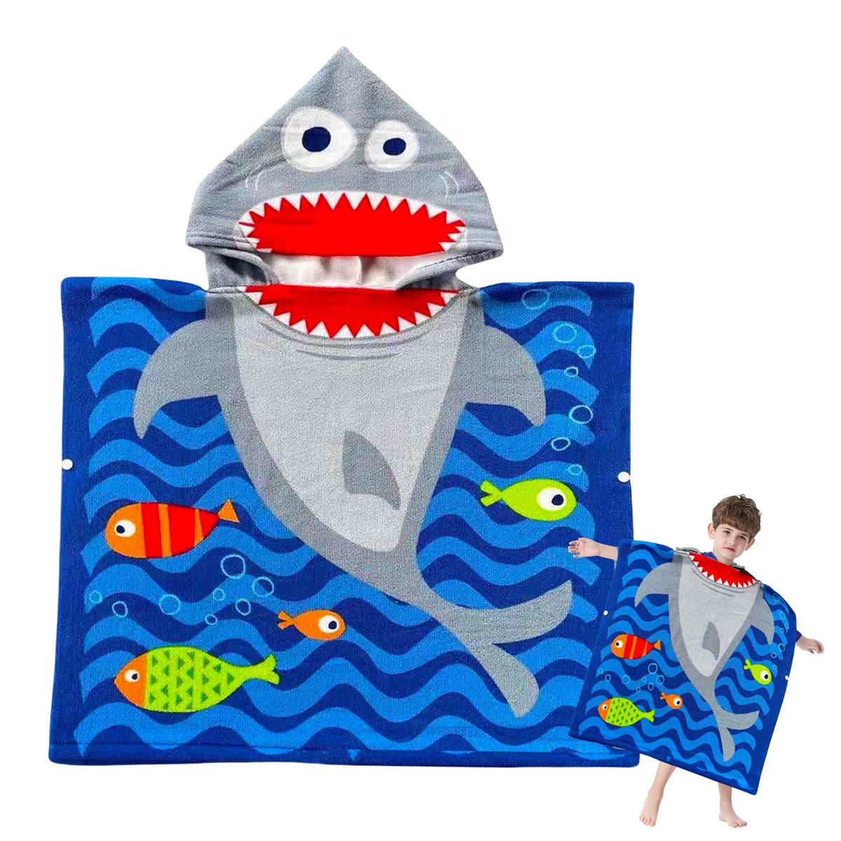 Kids Hooded Poncho Towels Blue Shark Beach Towel with Hooded for Boys,60*90cm Bath Towel Poncho Beach Changing Robe for 5-7 th Old Boys,Polyester