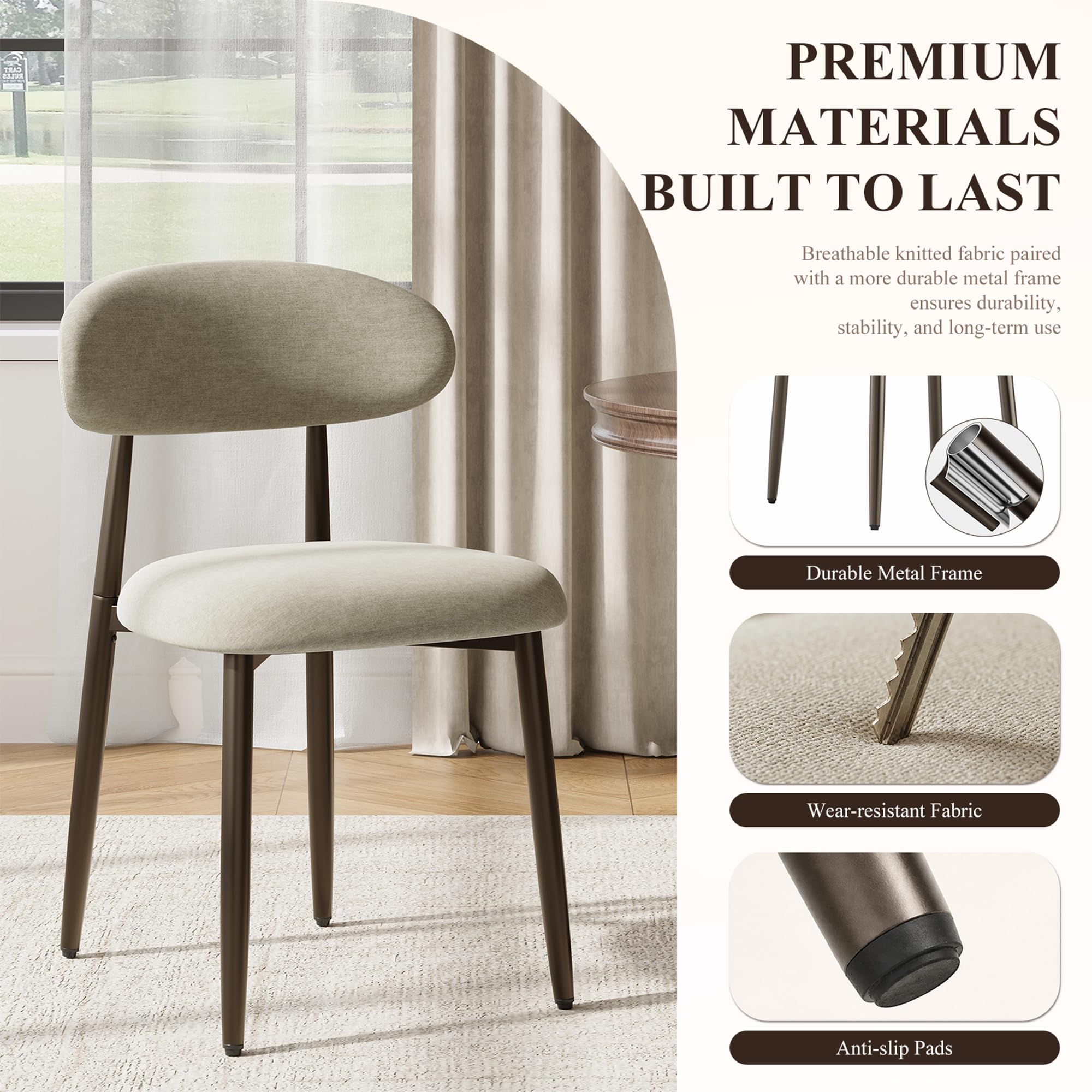 Dining Chairs Set of 2, Upholstered Dining Room Chairs with Ergonomic Curved Backrest, Metal Frame Kitchen Chairs