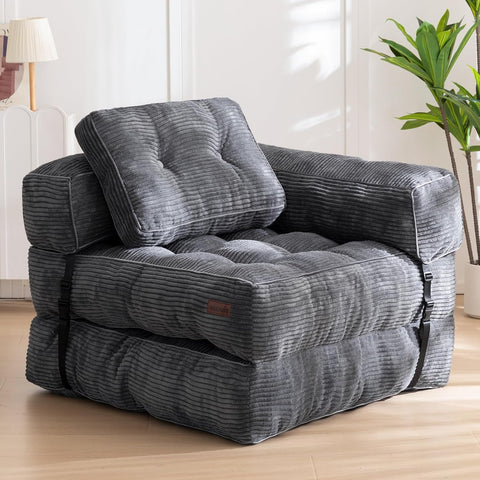 MAXYOYO Foldable Sofa Bed,Bean Bag Couch Convertible Sleeper Chair with Armrest L-Shaped Floor Lounge Sofa with Pillow Portable Lounge Seat for