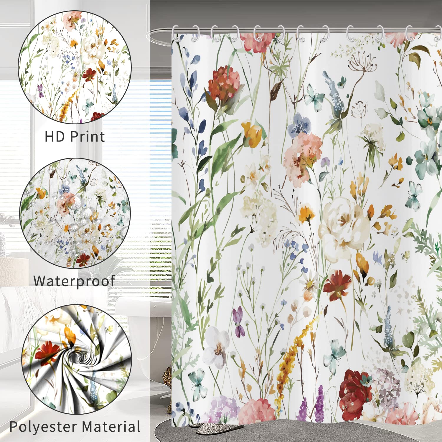 Hnmdmyi Floral Shower Curtain 180x180, Watercolor Colorful Flower Plant Butterfly Wildflowers Blossom Bathroom Curtains with Hooks Waterproof