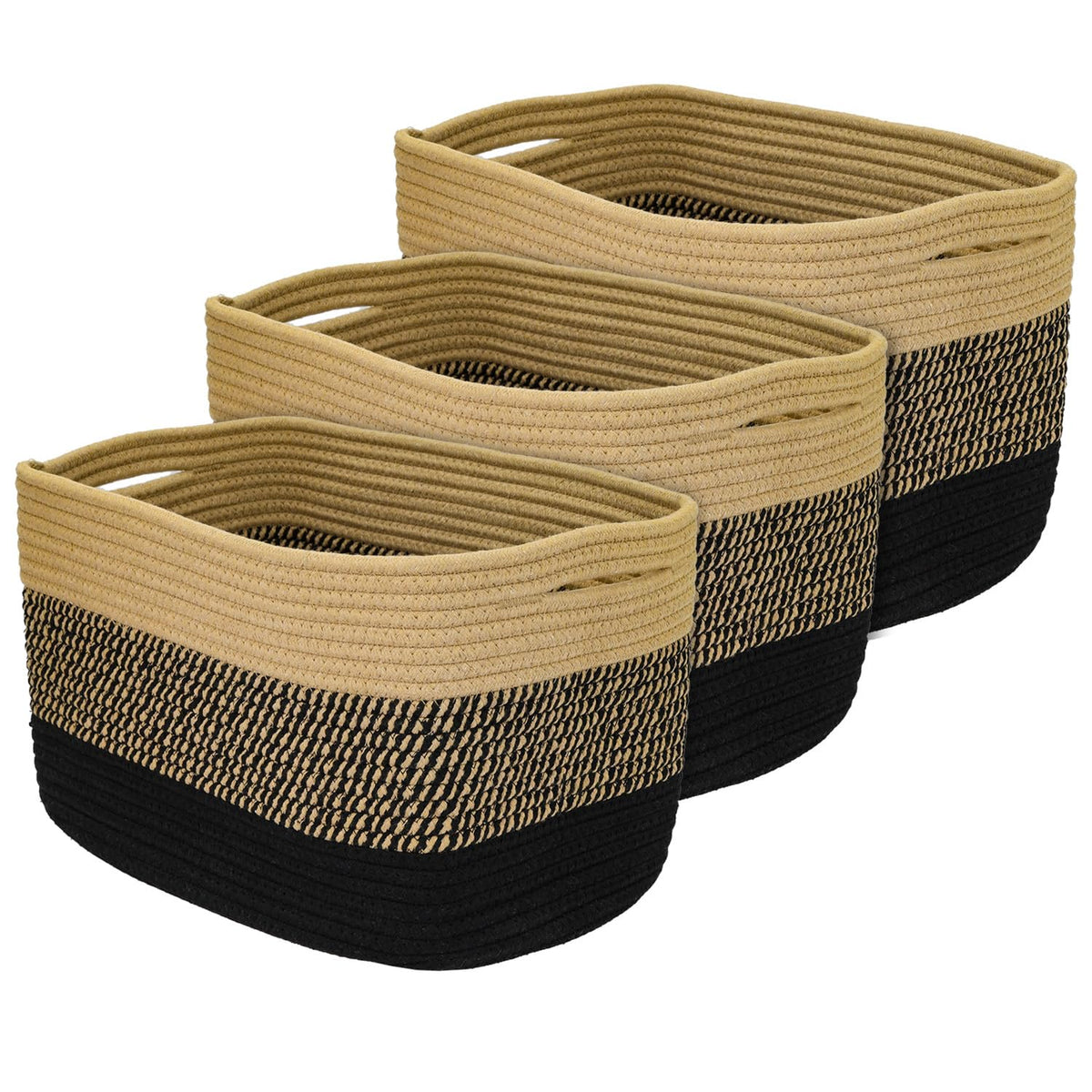 HMF Storage Basket with Hidden Handles, Set of 3, Cotton Basket, 37.5 x 25 x 22.5 cm, Black Honey