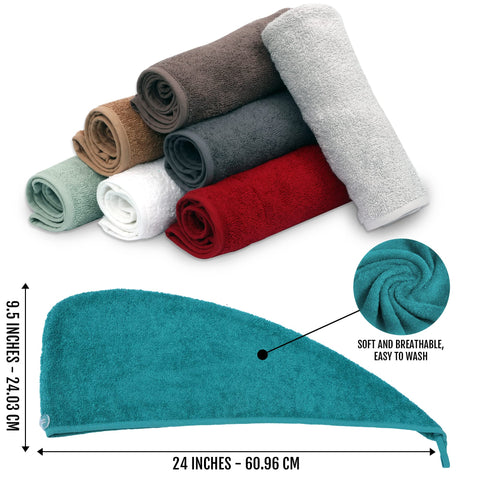 LUXURY Hair Towel Wrap 100% Cotton, Instant Drying Lightweight Turban Hair Cap Super Quick Absorbent Anti-Frizz Twist Toweling Dry Hat Button Loop