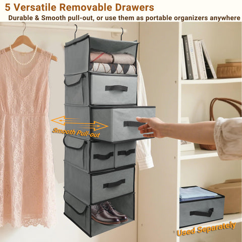 Folzaelar Durable Hanging Wardrobe Organiser with 5 Drawer & 3 Side Pocket,6-Tier Thickened Fabric Hanging Shelf Clothes Storage Holder Organization