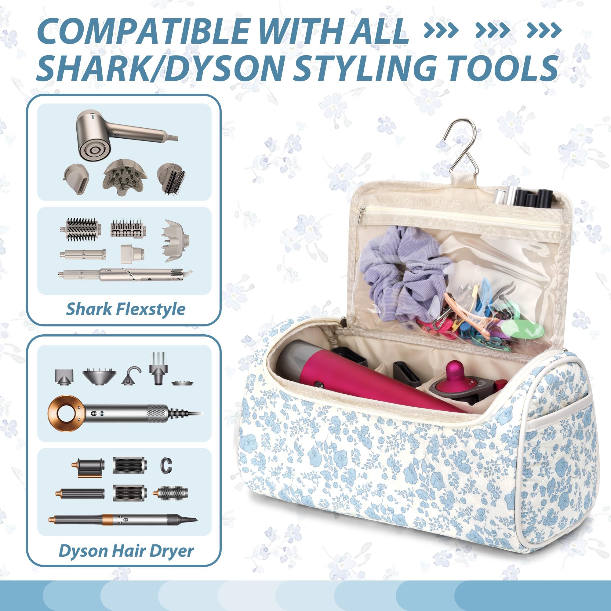 Linpr Travel Hair Dryer Bag with Hook for Dyson Airwrap Styler, Flower Blue