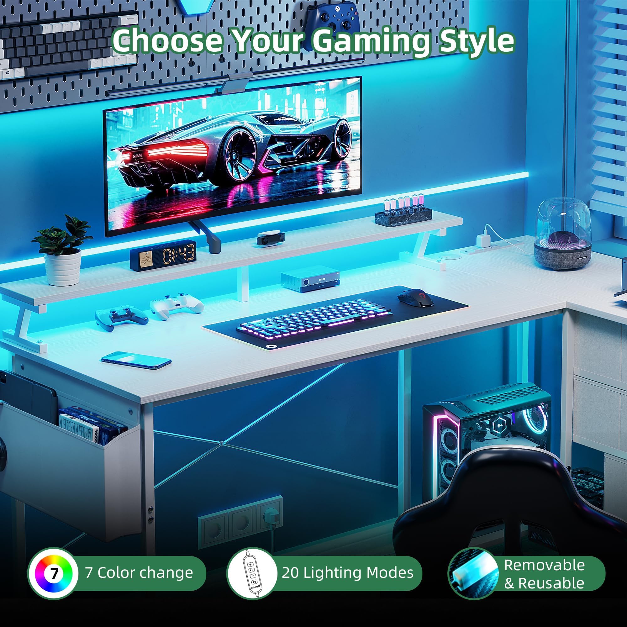 VERMESS Corner Desk with 4 Drawers, L Shaped Computer Desk with LED Lights & Power Outlets