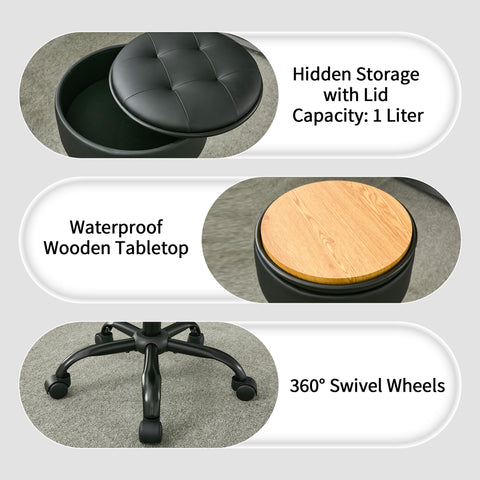 FIRAVOE Drafting Chair with Storage, Adjustable Leather Drafting Stool 52.5–62.5 cm, Black Rolling Office Stool