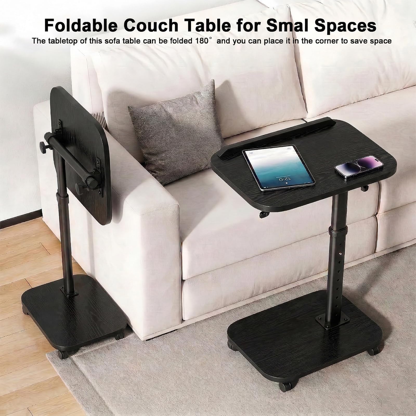 Lubeau Adjustable Side Table with Wheels, C Shaped Side Table Adjustable Height 180° Flip-Over Panel Design, End Table with Phone/Tablet Slot