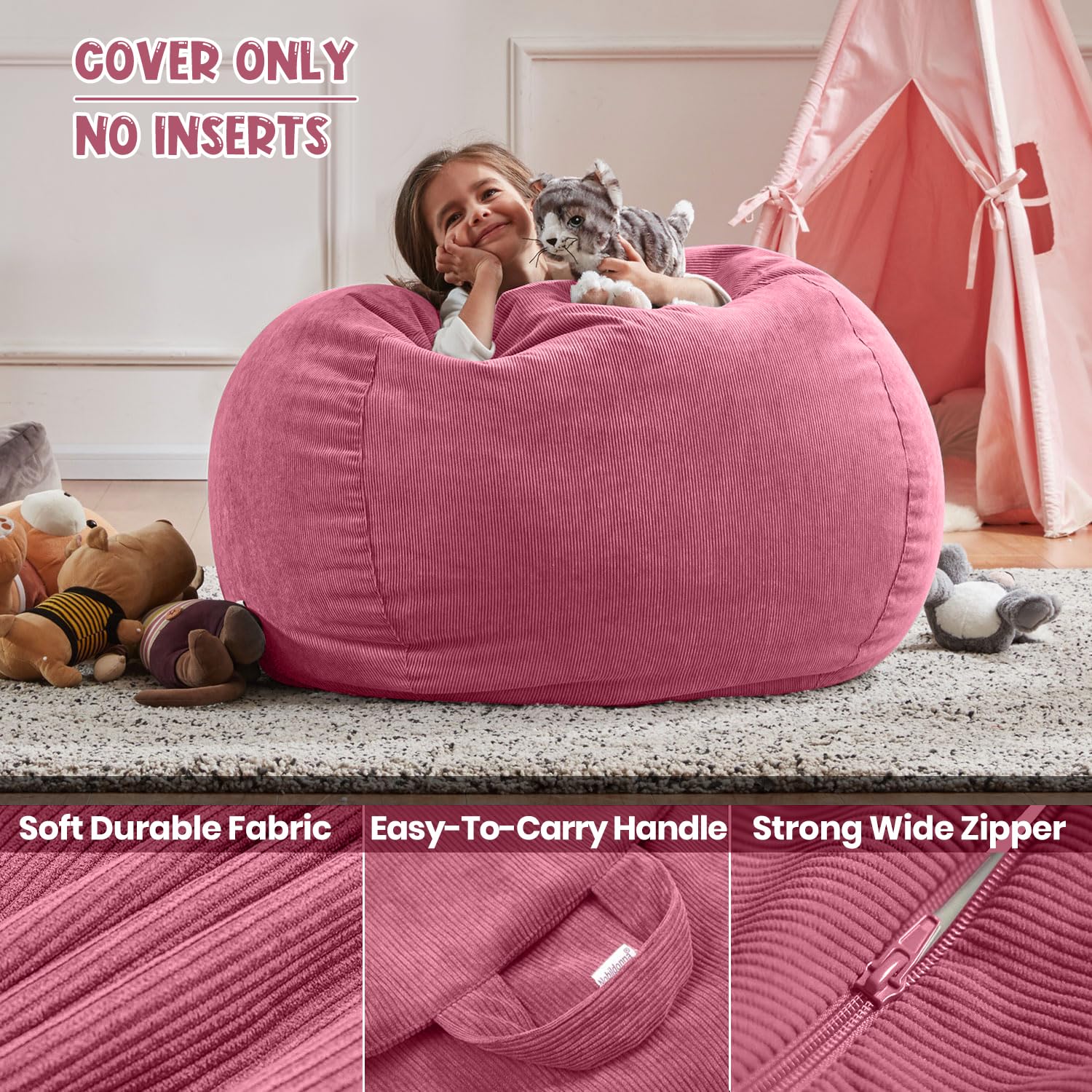 Nobildonna Bean Bag Chair Cover (No Filler) for Kids Beanbag Stuffed Animal Storage Without Filling Plush Toys Holder and Organizer Soft Premium
