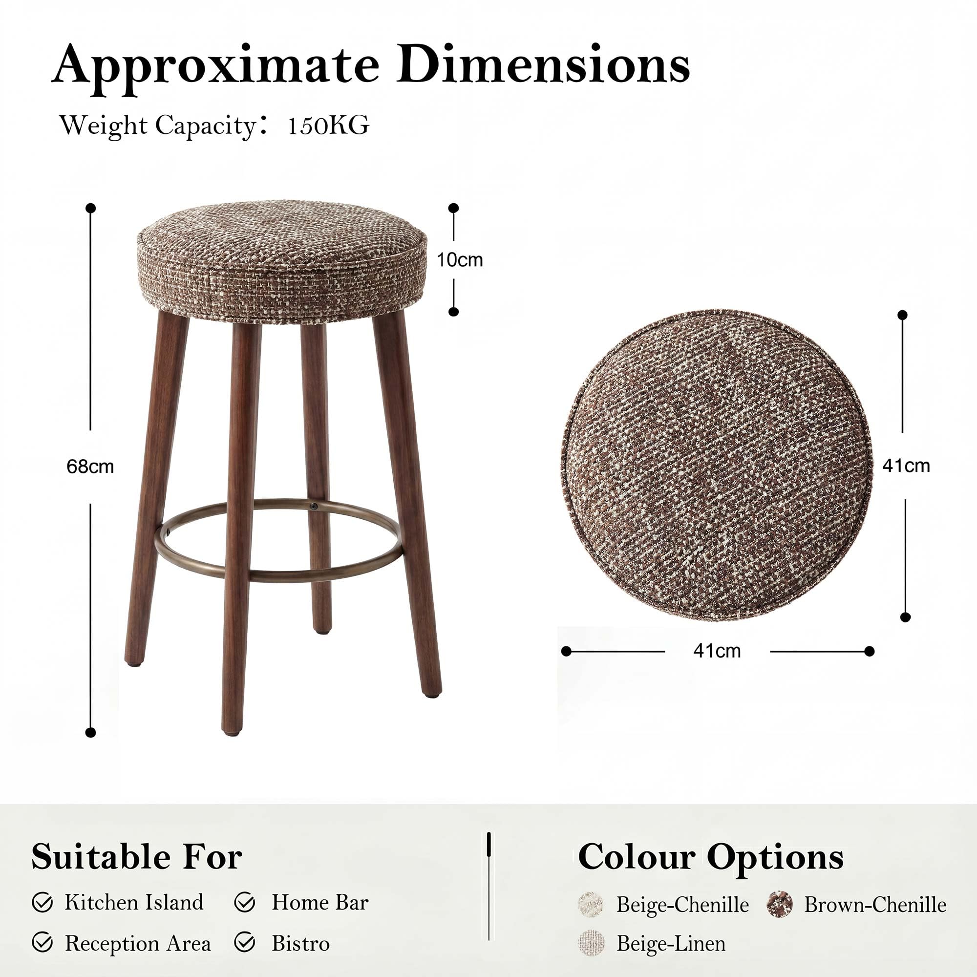 younturn Set of 2 Chenille Bar Stools, 68cm Counter Height Upholstered Kitchen Bar Chairs with Solid Wood Legs