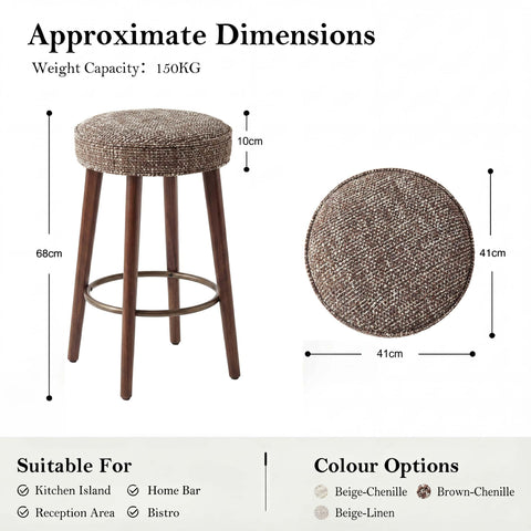 younturn Set of 2 Chenille Bar Stools, 68cm Counter Height Upholstered Kitchen Bar Chairs with Solid Wood Legs