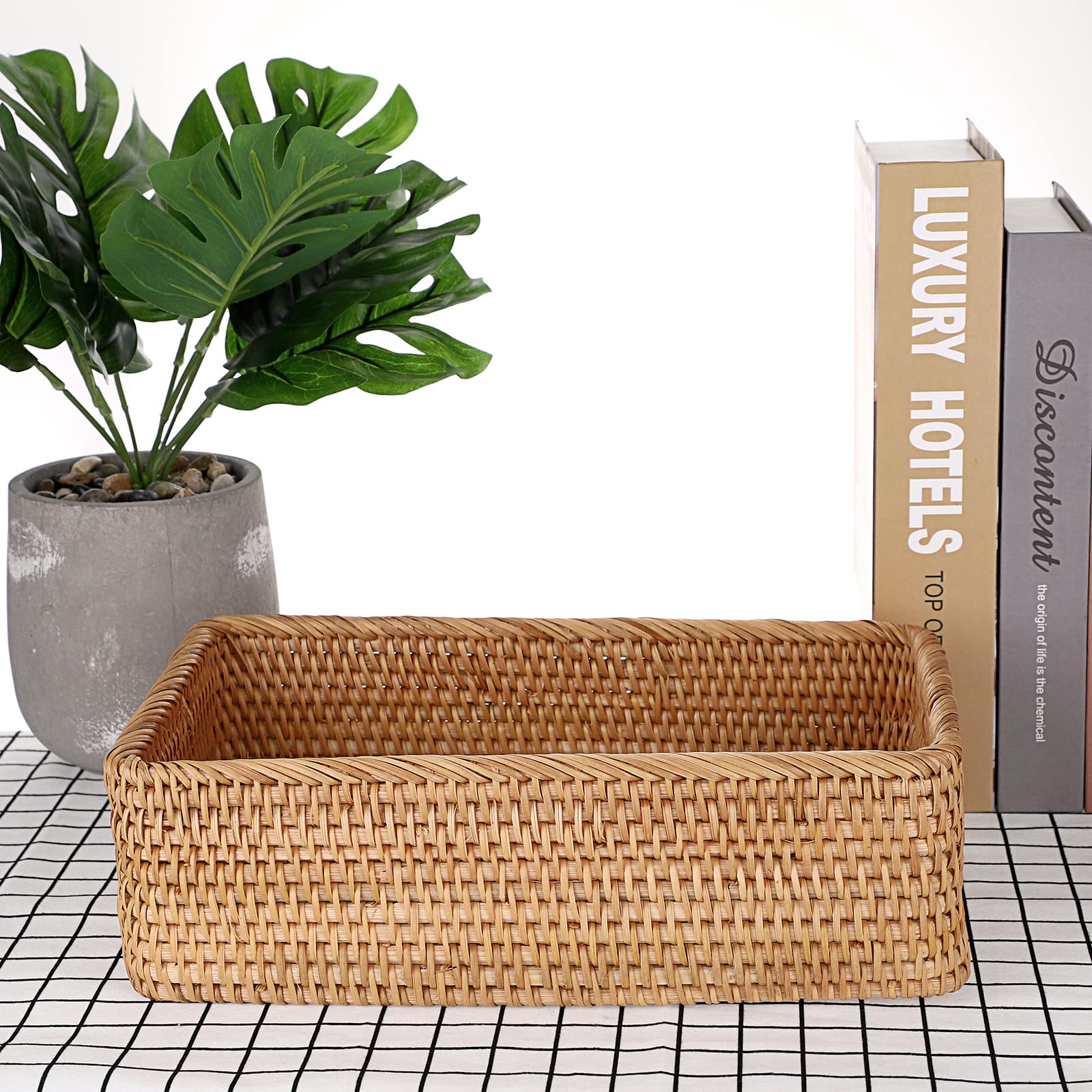 IGNPION Rectangle Rattan Woven Fruit Basket Wicker Food Tray Storage Holder Home Bathroom Kitchen Storage Basket