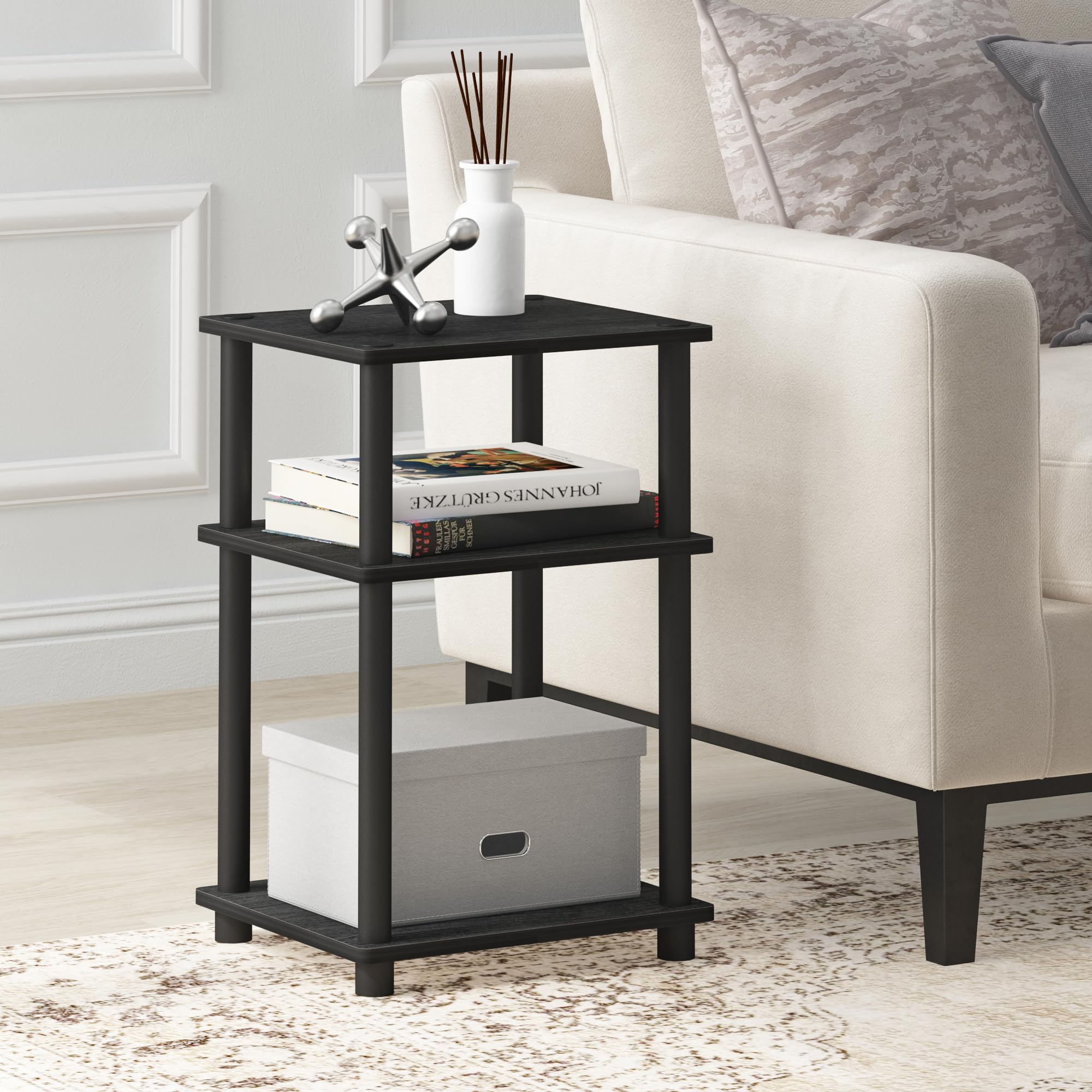 Furinno JUST Side Table, 3-Tier End Table, Open Shelves Night Stand, Bedside Table, Toolless Assembly, for Living Room, Bedroom, Americano