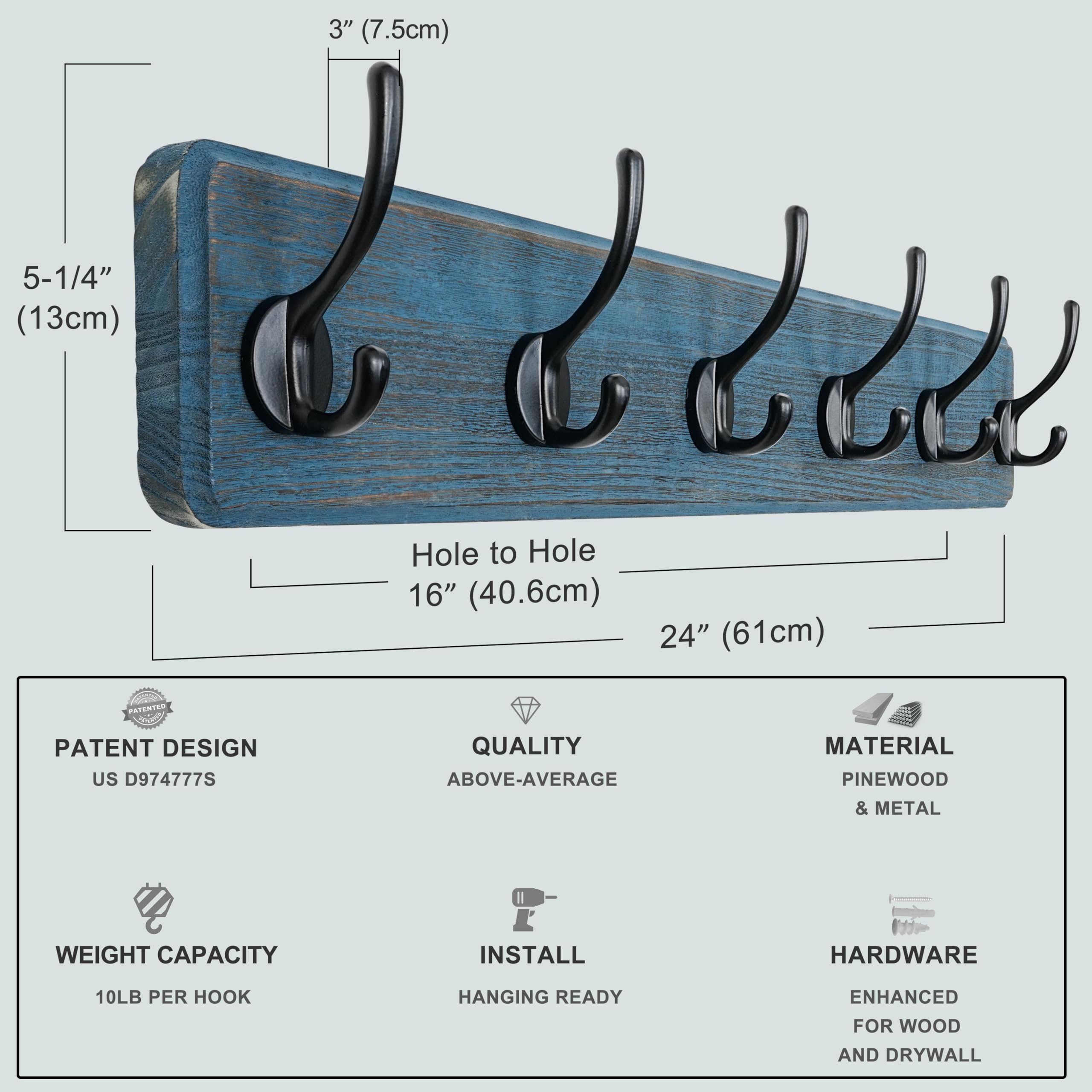 Dseap Coat Rack Wall: 60cm Long, Patented, Heavy-Duty, 6-Double-Hooks Wooden Wall Mounted Coat Rack Coat Hanger Hook Rail for Winter Coats Hat Jacket