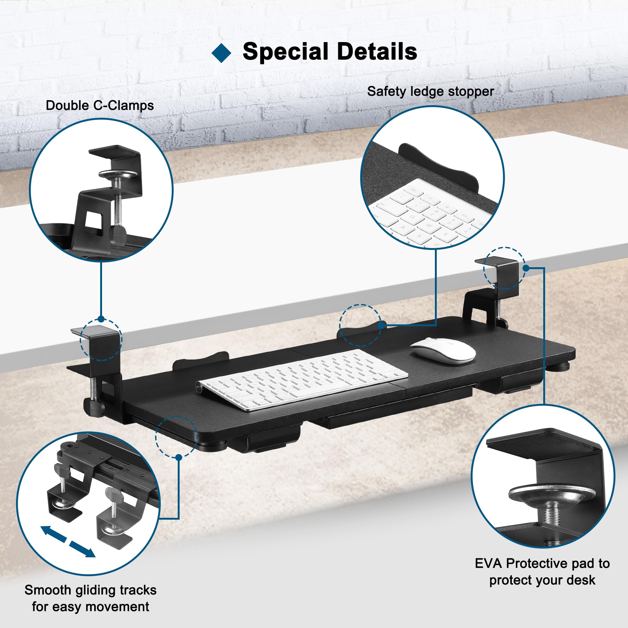 TECLUK Keyboard Tray Under Desk with Drawer,26.77" X 11.81" Keyboard Tray Large Size with C Clamp-on Mount, Easy to Install
