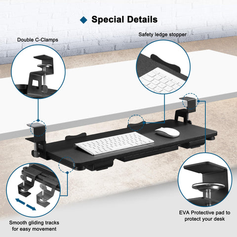 TECLUK Keyboard Tray Under Desk with Drawer,26.77" X 11.81" Keyboard Tray Large Size with C Clamp-on Mount, Easy to Install