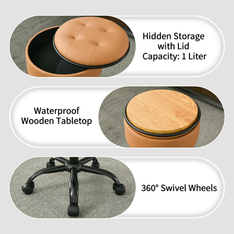 FIRAVOE Drafting Chair with Wheels (Stool & Small Table in One) (Adjustable Office Chair 52.5–62.5 cm), Caramel Brown Rolling Stool with Storage