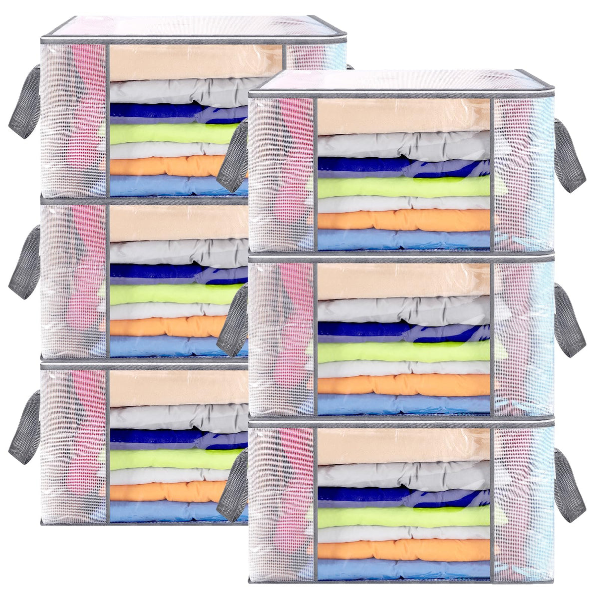 SUNNOW 6 Pcs 80L Clothes Storage Bags, Large Storage Box with Lid, Clear PP