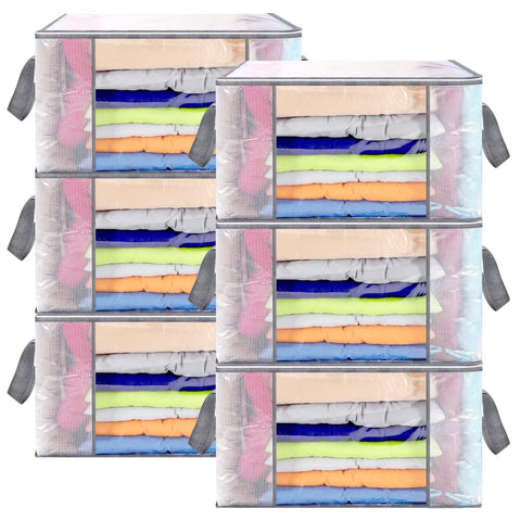 SUNNOW 6 Pcs 80L Clothes Storage Bags, Large Storage Box with Lid, Clear PP