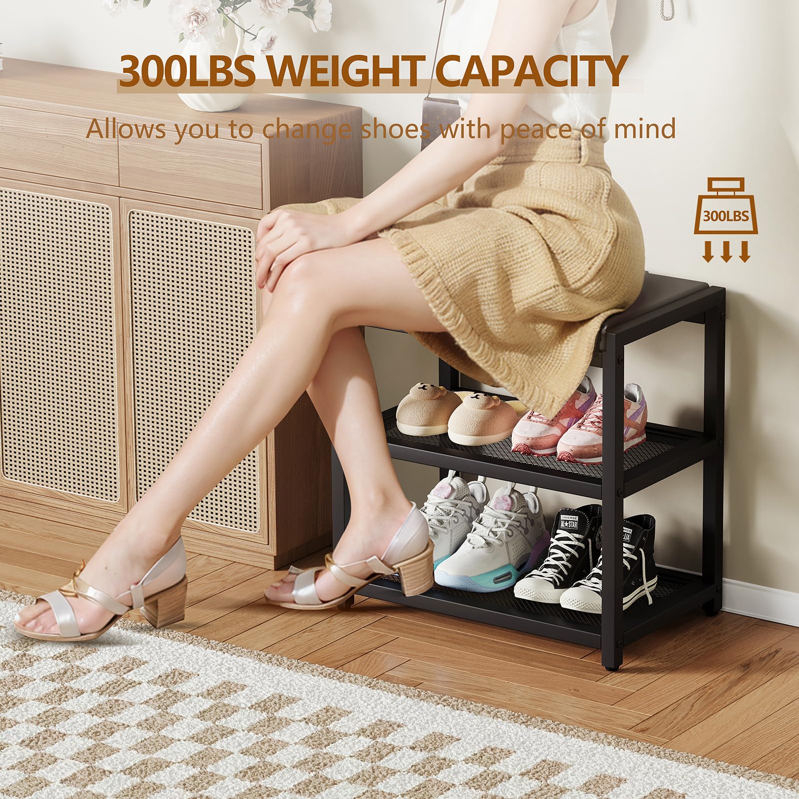 ZHOOGE Shoe Bench Shoe Rack Storage Bench Entryway Bench Shoe Shelf with Seat Cushion, Stable Shoe Organizer for Entryway, Living Room