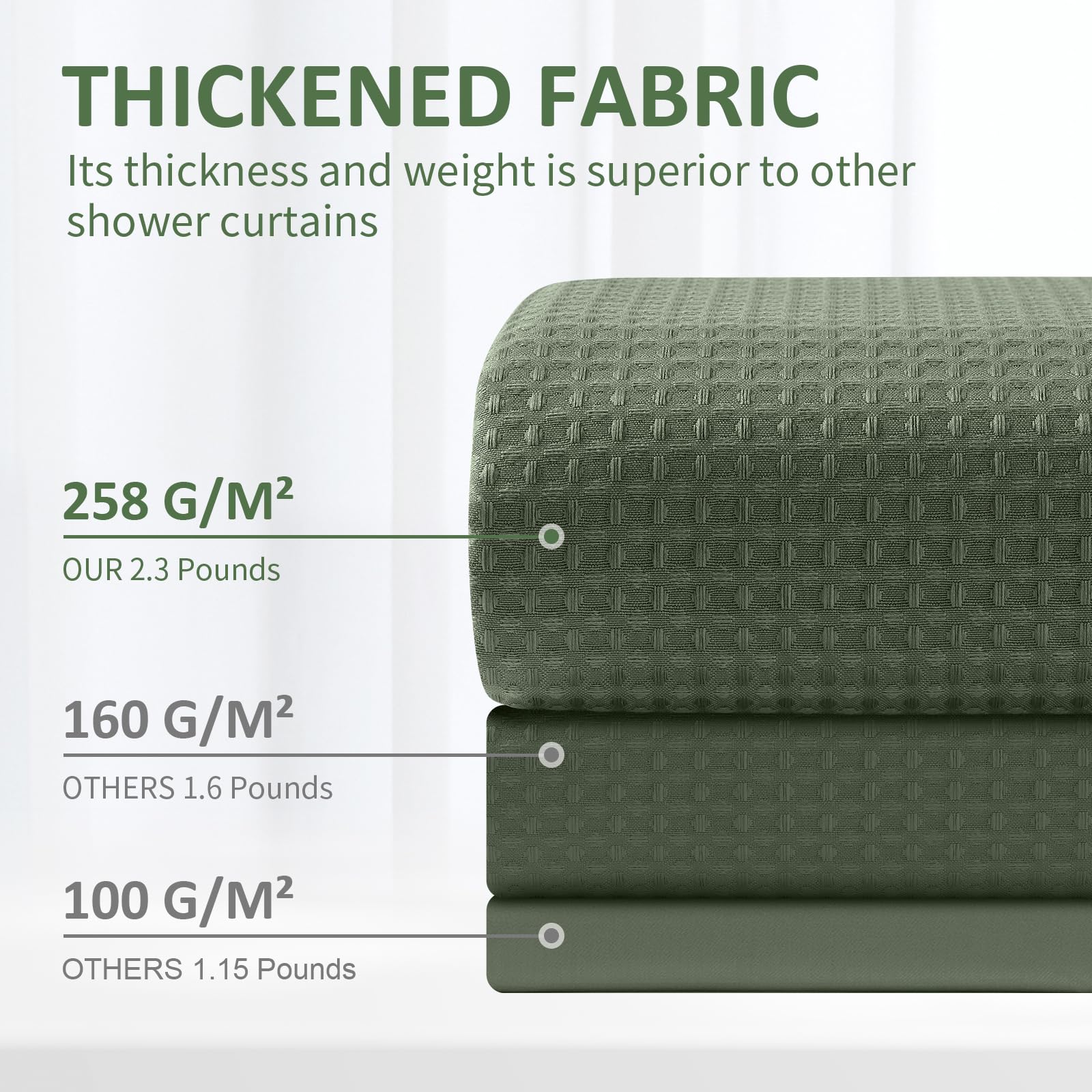 FY&XZH Heavy-Duty Waffle Weave Shower Curtain with Stainless Steel Hooks, Thick Fabric for Bathroom, Hotel, Spa & Salon-153 x 183cm (Green)