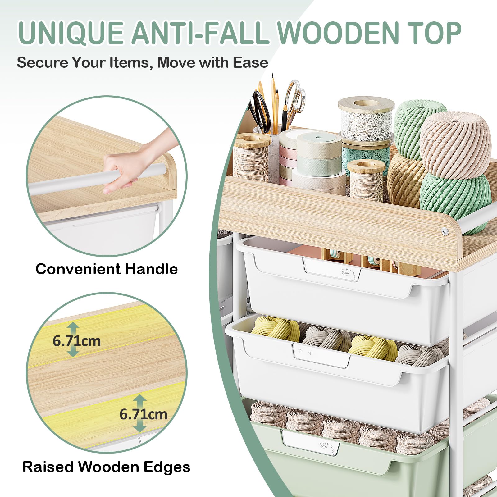 10 Drawers Rolling Cart with Wooden Tabletop, Utility Storage Cart with Wheels, Art Supply Craft Organizer on Wheel with Metal Frame & Handles for