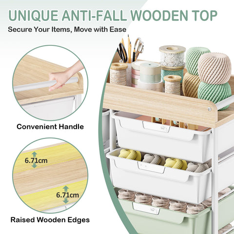 10 Drawers Rolling Cart with Wooden Tabletop, Utility Storage Cart with Wheels, Art Supply Craft Organizer on Wheel with Metal Frame & Handles for