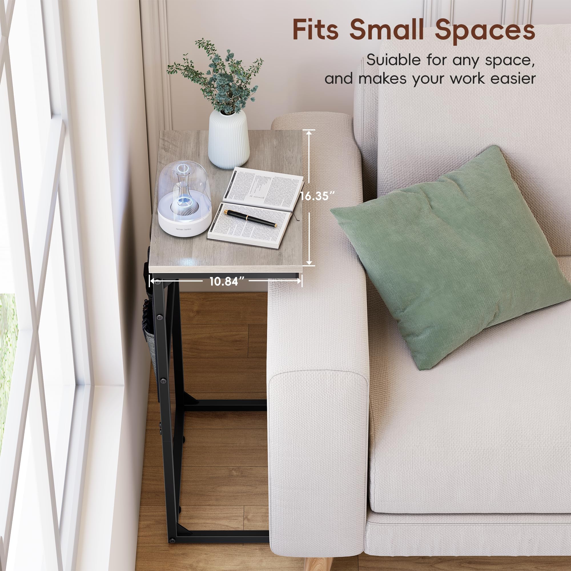 Vagusicc C Shaped End Table with Charging Station, 28" Tall Couch Side Table, Sofa Table Beside Table, Slide Under Sofa Arm C Table for Small Spaces