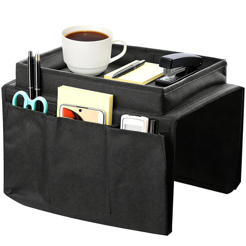 LCFVOFU Sofa Armrest Organizer with Tray, Armchair Tray with 4 Bags, Sofa Arm Table for TV Remote Drinks Magazine Book Phone Snacks Glasses