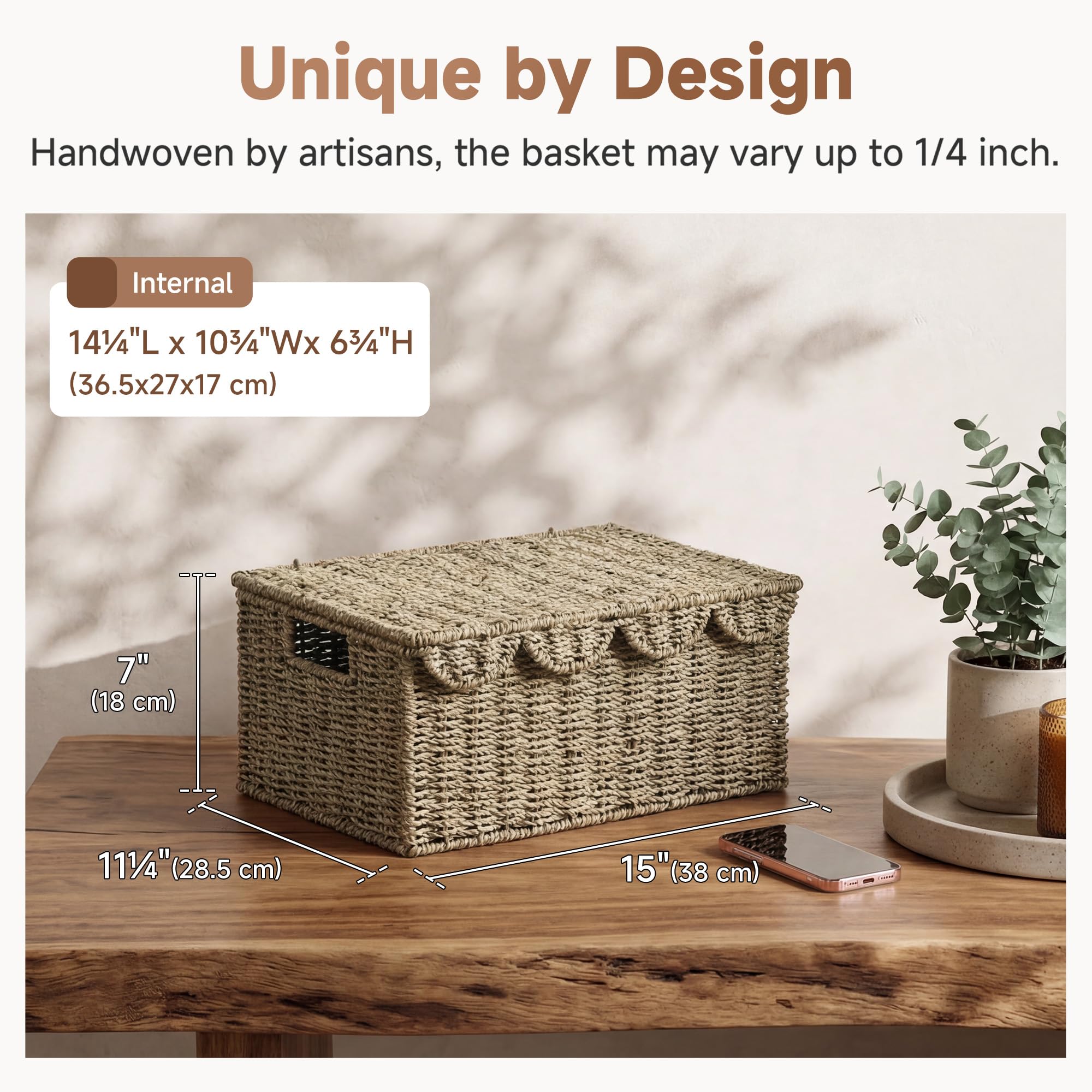 StorageWorks Scalloped Edge Wicker Basket with Lid, Handwoven Natural Seagrass Basket for Décor, Shelves, Nursery Room