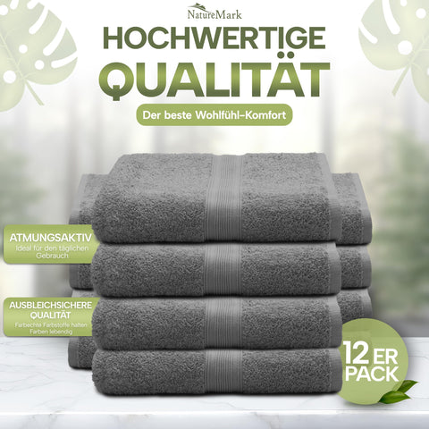 NatureMark Pack of 12 Guest Towels, 30 x 50 cm, 100% Cotton, Anthracite Gray, NM-HT0817