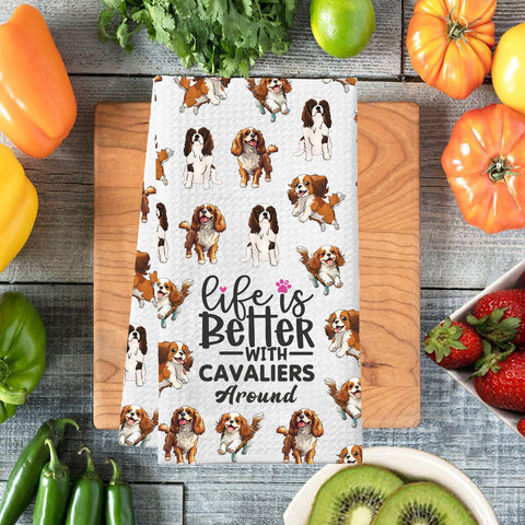 PXTIDY King Charles Cavalier Dog Kitchen Towel Life Is Better With Cavaliers Around King Charles Spaniel Towel Dog Mom Gifts