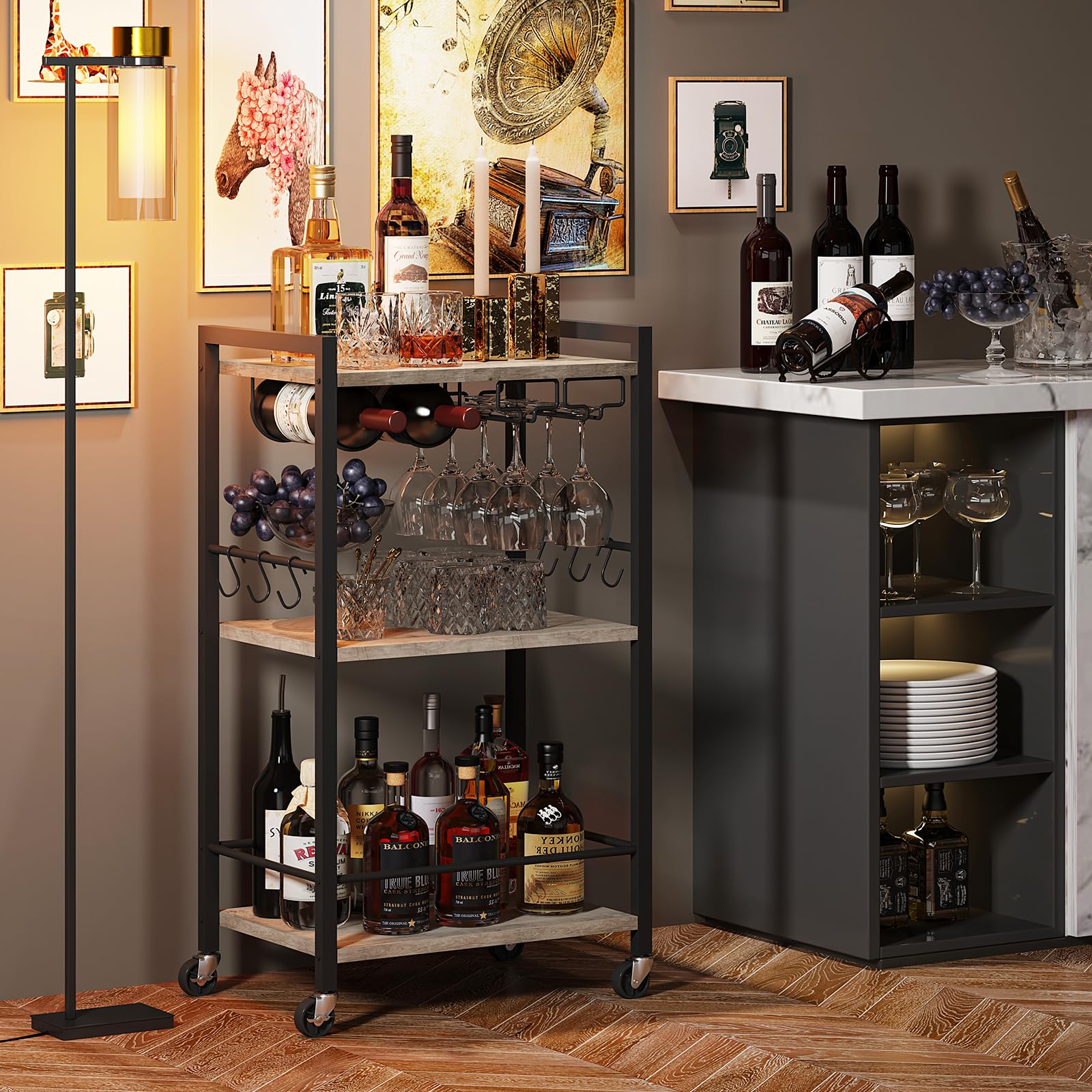 TUTOTAK Drinks Trolley, Bar Cart with 3-Tier Shelf, Serving Trolley with Wine Rack, Glass Holder, Rolling bar cart for The Home, Living Room