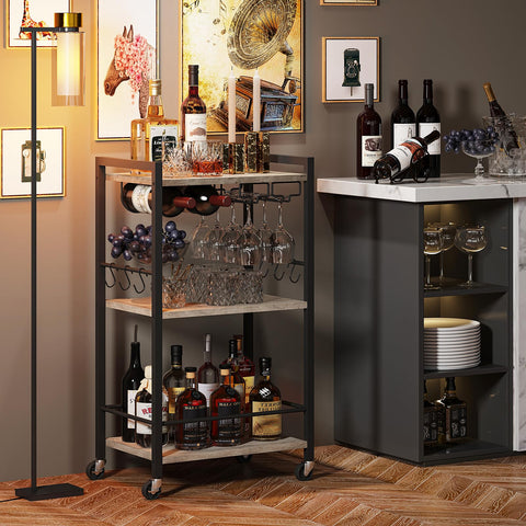 TUTOTAK Drinks Trolley, Bar Cart with 3-Tier Shelf, Serving Trolley with Wine Rack, Glass Holder, Rolling bar cart for The Home, Living Room