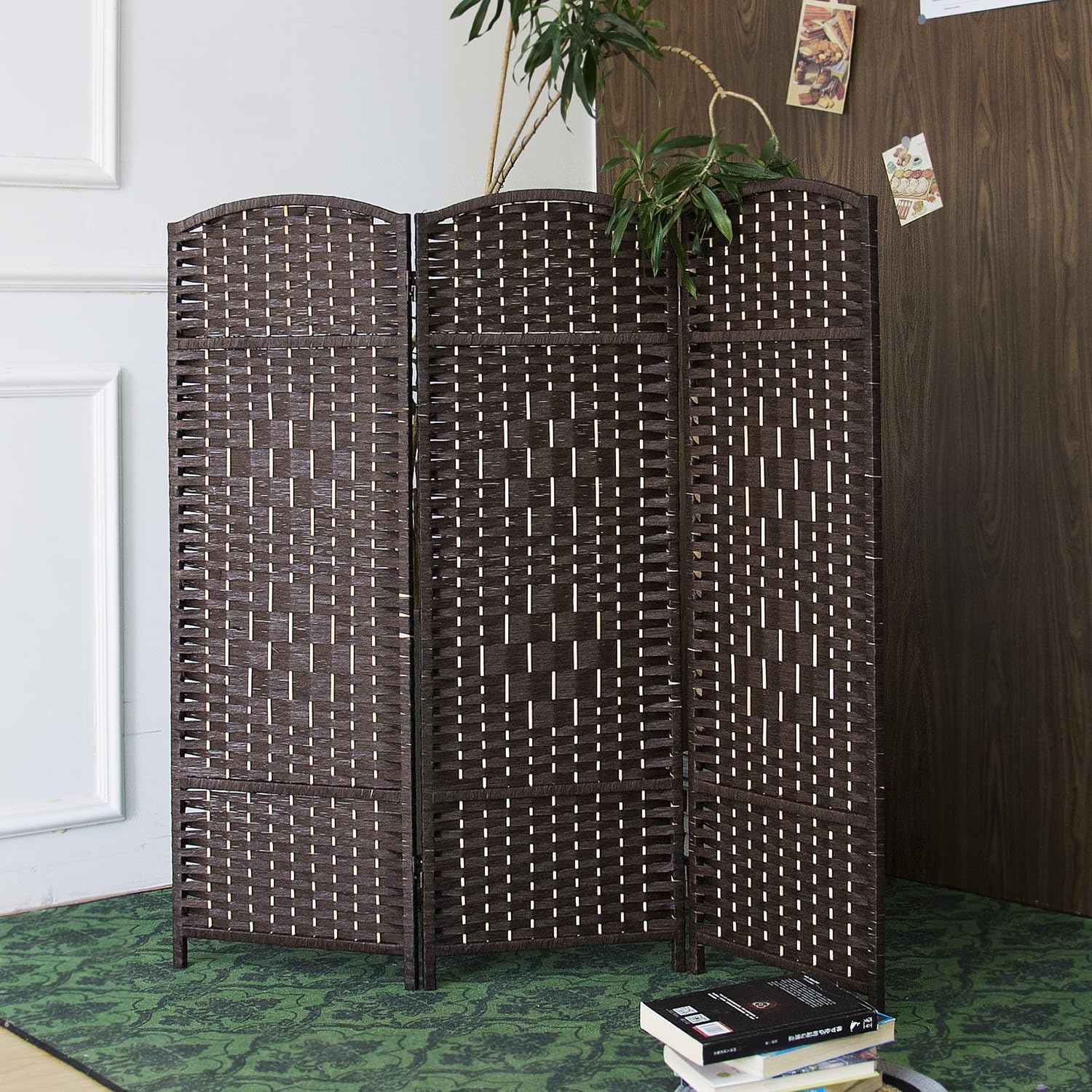 Furnnylane 3 Panel Dark Brown Rattan Divider Short Room Partition Screen,Double Sided Short Folding Divider for Room Separation,120 cm Tall