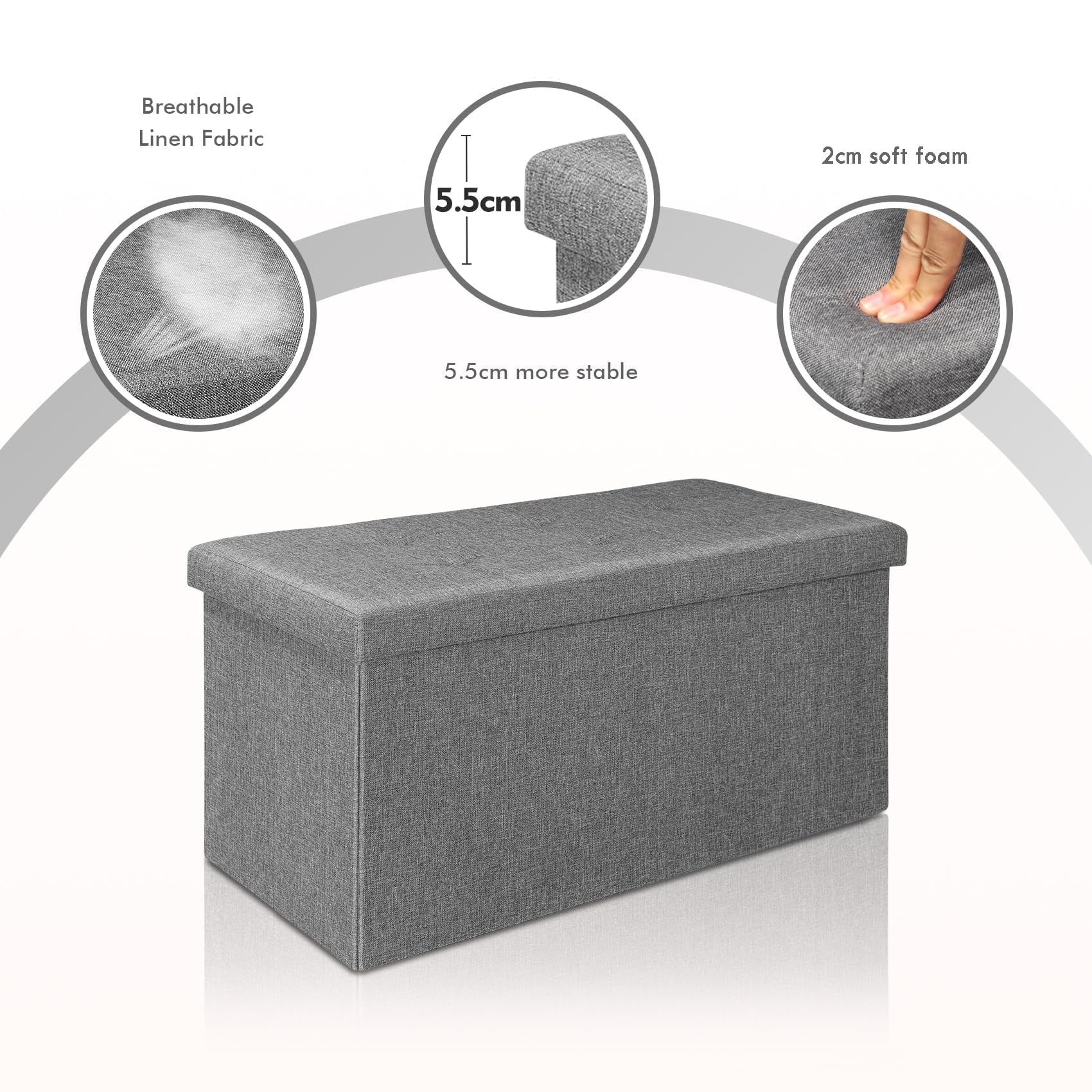 Bonlife Large Folding Grey Ottoman Storage Box with Lid,Linen Footrest Stool Bedroom Bench Seats,Toy Box Chest Living Room Furniture 76x38x38cm