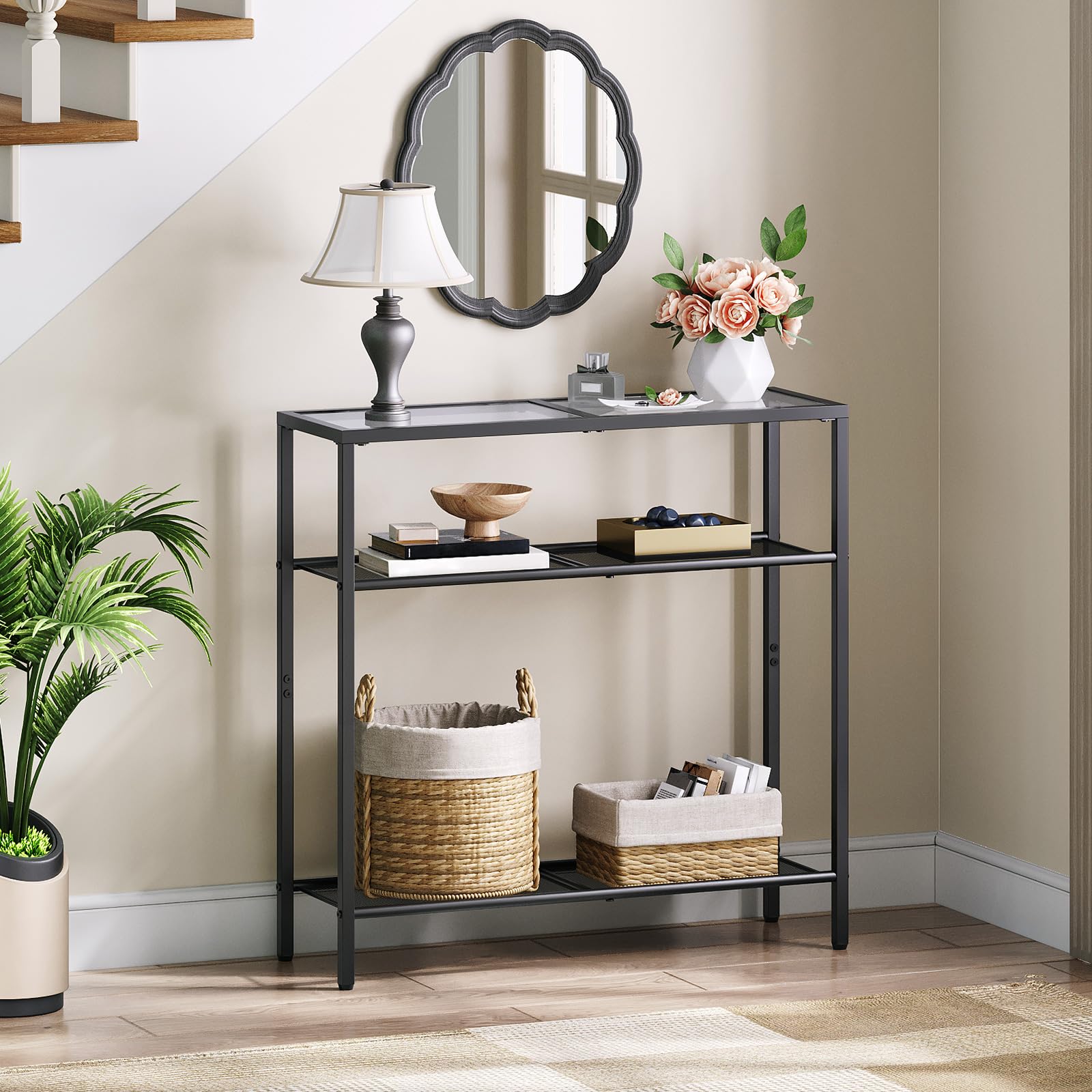 HOOBRO 3-Tier Console Table, Tempered Glass Sofa Table, Narrow Side Table, Modern Hallway Table, for Living Room, Foyer, Hallway, Bedroom