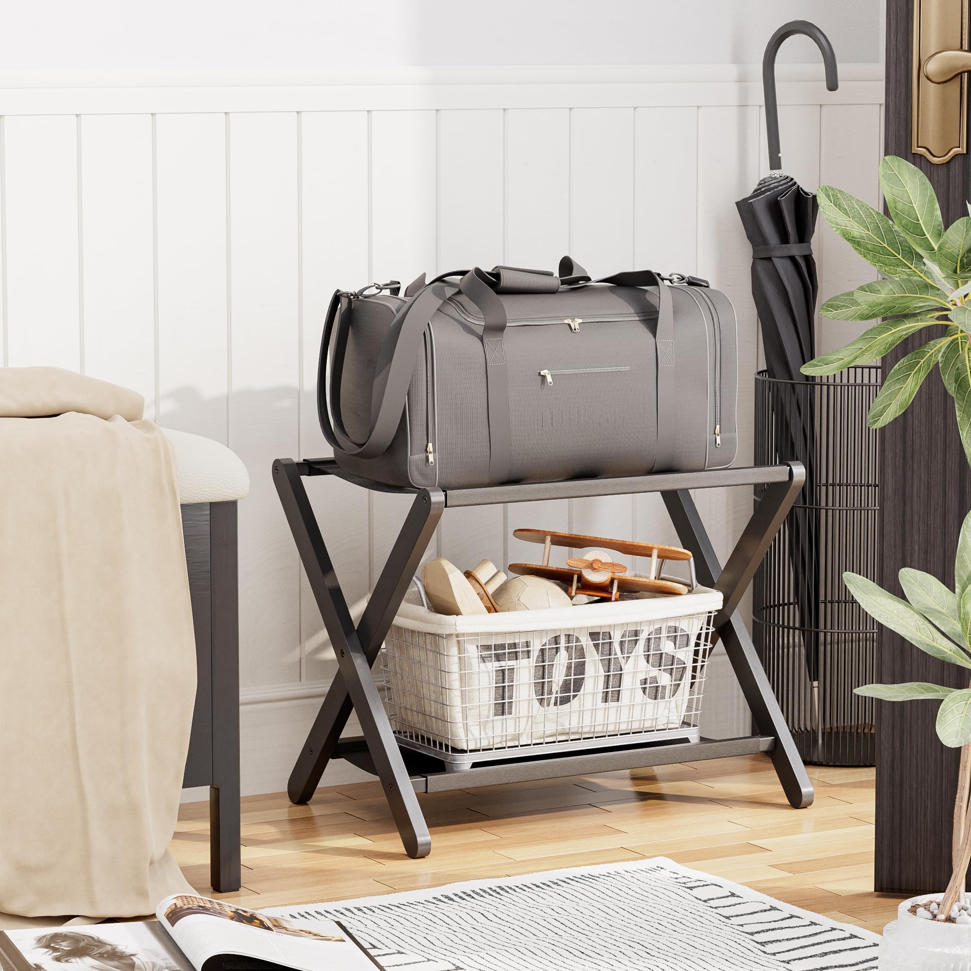 vovala Luggage Rack, Folding Suitcase Stand with Storage Shelf, Premium Bamboo Luggage Holder for Guest Room, Bedroom, Hotel, Closet