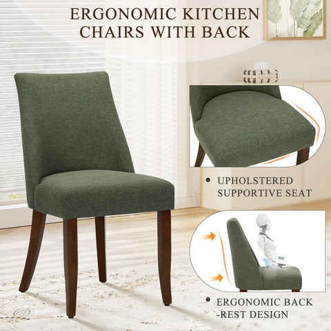 COLAMY Upholstered Dining Chairs Set of 2, Linen Fabric Parsons Dining Room Chairs with Curved Backrest, Solid Rubber Wood Legs