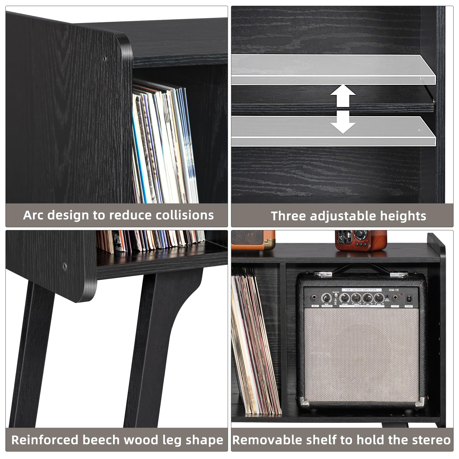LELELINKY Record Player Stand, 4 Compartments, Holds Up to 220 Records