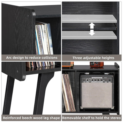 LELELINKY Record Player Stand, 4 Compartments, Holds Up to 220 Records