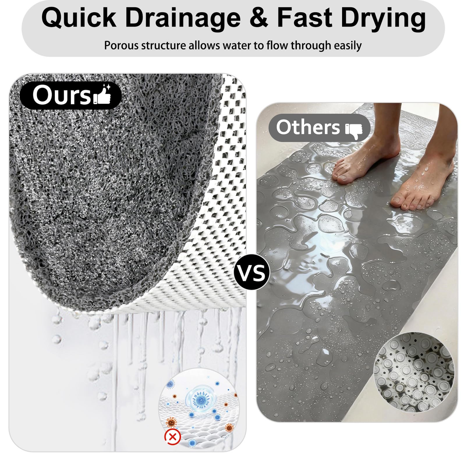 Large Shower Mat Non Slip Anti Mould: 100 x 70 cm Anti Slip Shower Mats for Inside Shower- Loofah Shower Mat Grey Long Washable Shower Matt for