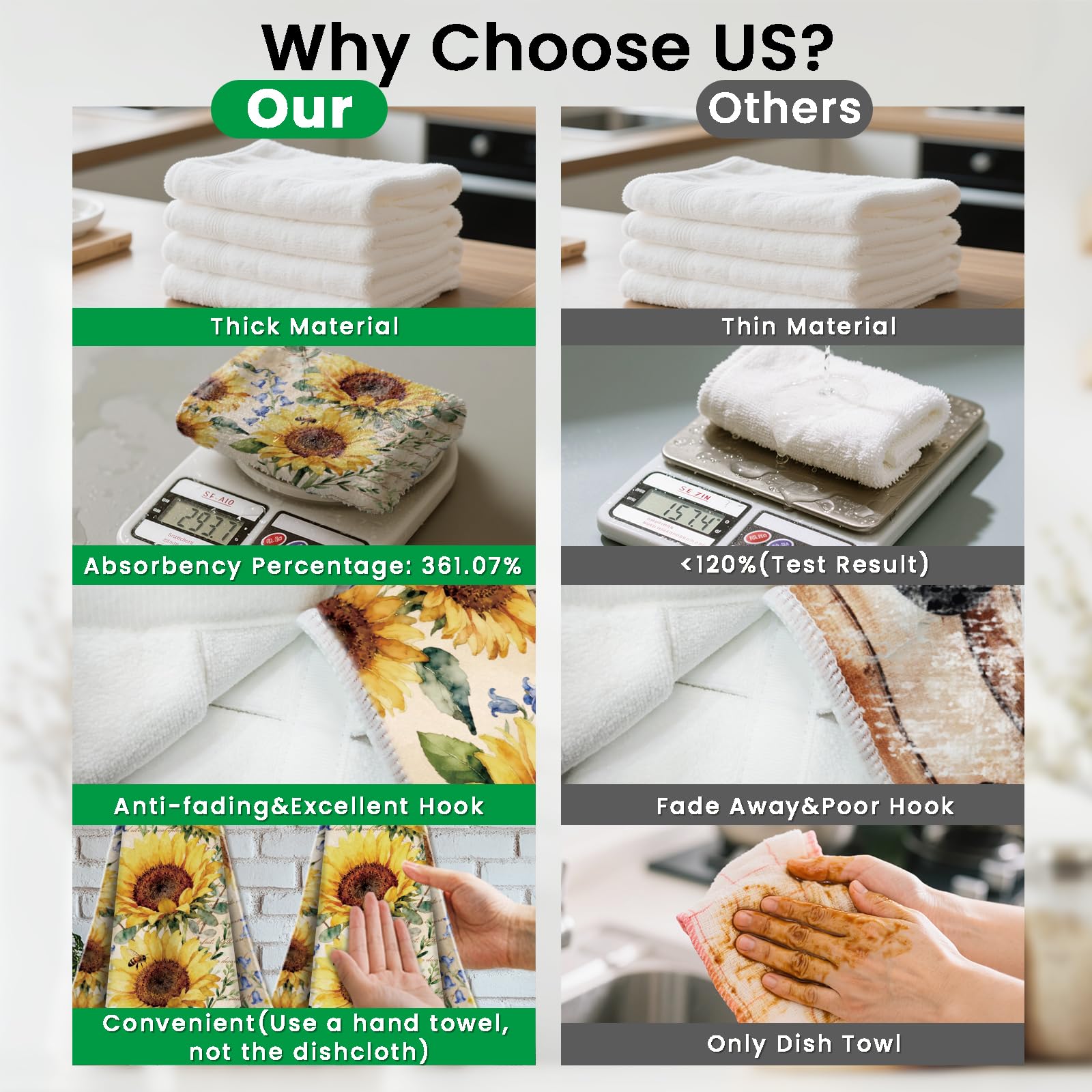 CUTHOLLOW 2 Pcs Countryside Sunflowers Hanging Kitchen Towels with Loop