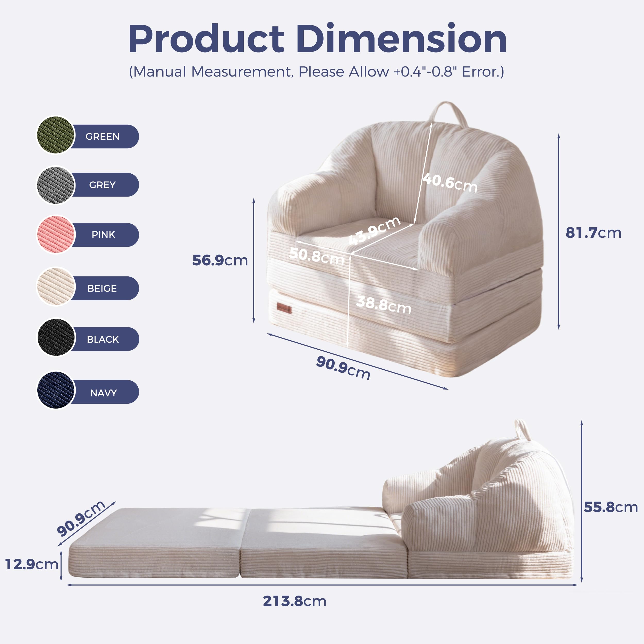 MAXYOYO Folding Sofa Bed with Backrest, Boneless Fold Out Couch Bed with Handle, 2 in 1 Convertible Bean Bag Chair to Floor Sofa Lounger