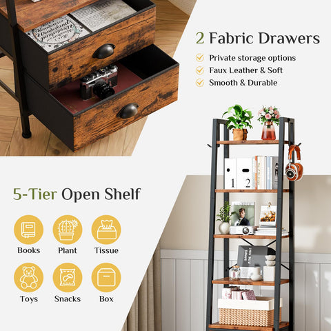 Wooruy 5 Tier Narrow Bookshelf with 2 Fabric Drawers Corner Ladder Shelf