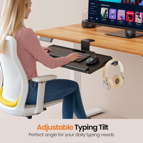 Tilt Adjustable Keyboard Tray Under Desk w/ 360° Rotation - Klearlook Ergonomic Rotatable Computer Keyboard & Mouse Tray 24.4"W×10"D Sit Stand Desk