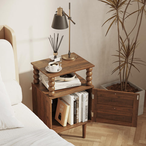 JERX Wooden Bedside Table, Nightstand with Storage Drawer and Open Wood Shelf, for Living Room, Bedroom and Small Spaces Walnut Brown