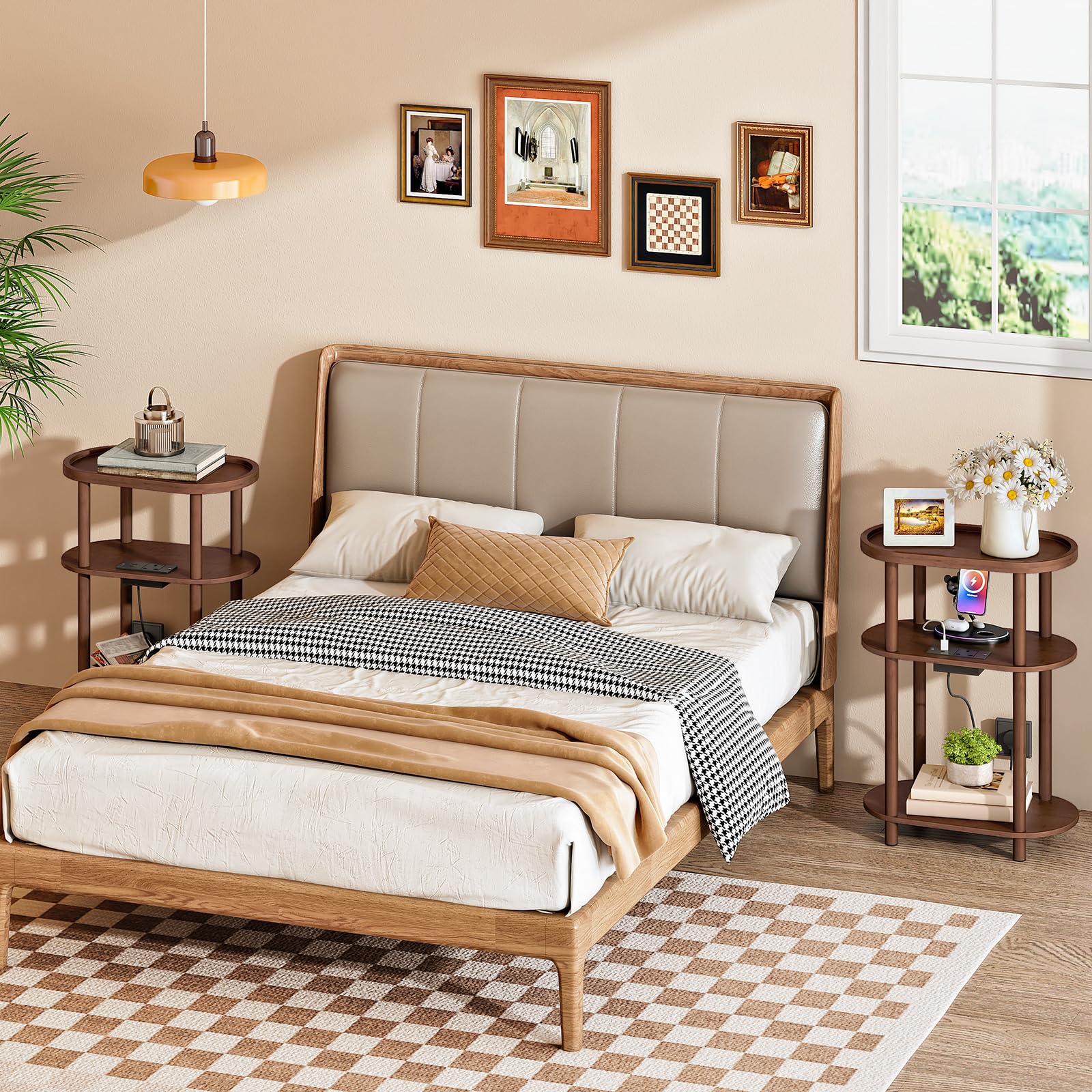 HOOBRO Narrow Side Table with Charging Station, 3 Tier Bamboo Slim End Table, 40 x 20 x 66 cm Narrow Bedside Table, Sofa Side Table, for Living Room