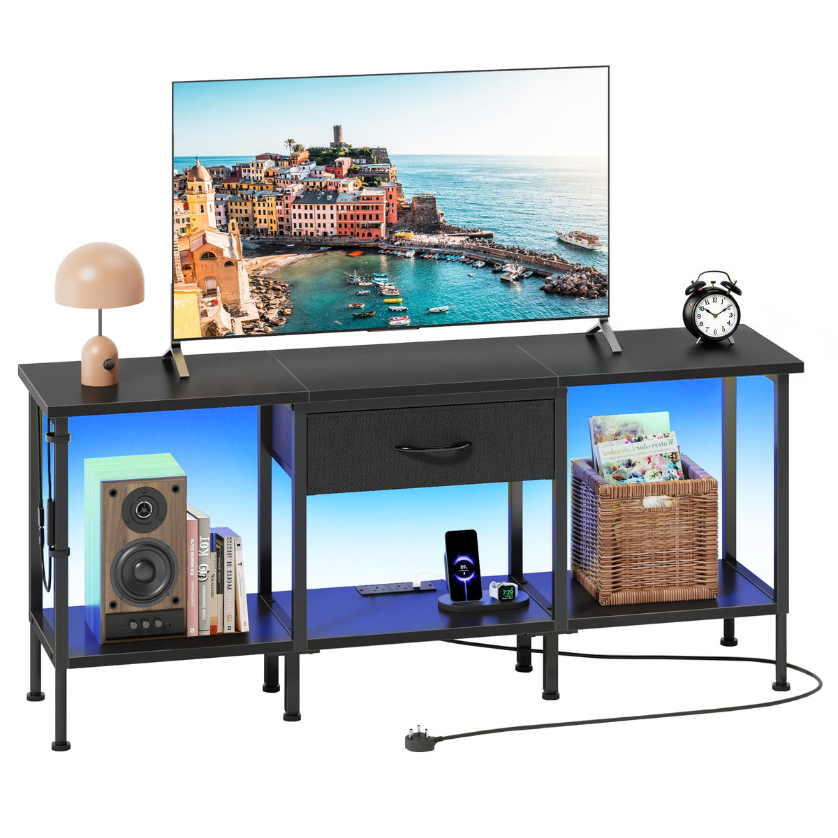 OYRREU TV Stand Cabinet LED for 55 50 Inch, TV Unit with Socket, USB Slots