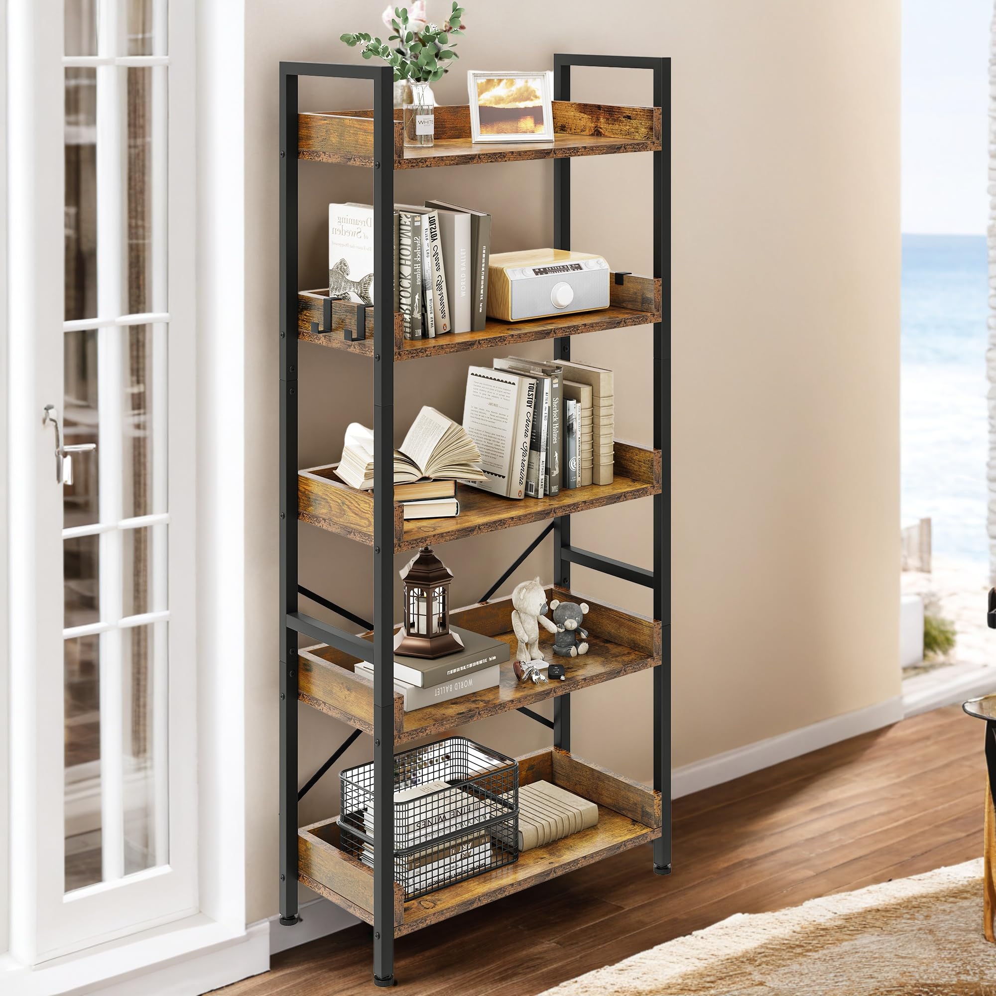 YITAHOME 5 Tier Bookcase, Floorstanding Wooden Shelves with Stable Steel Frame Shelving Unit