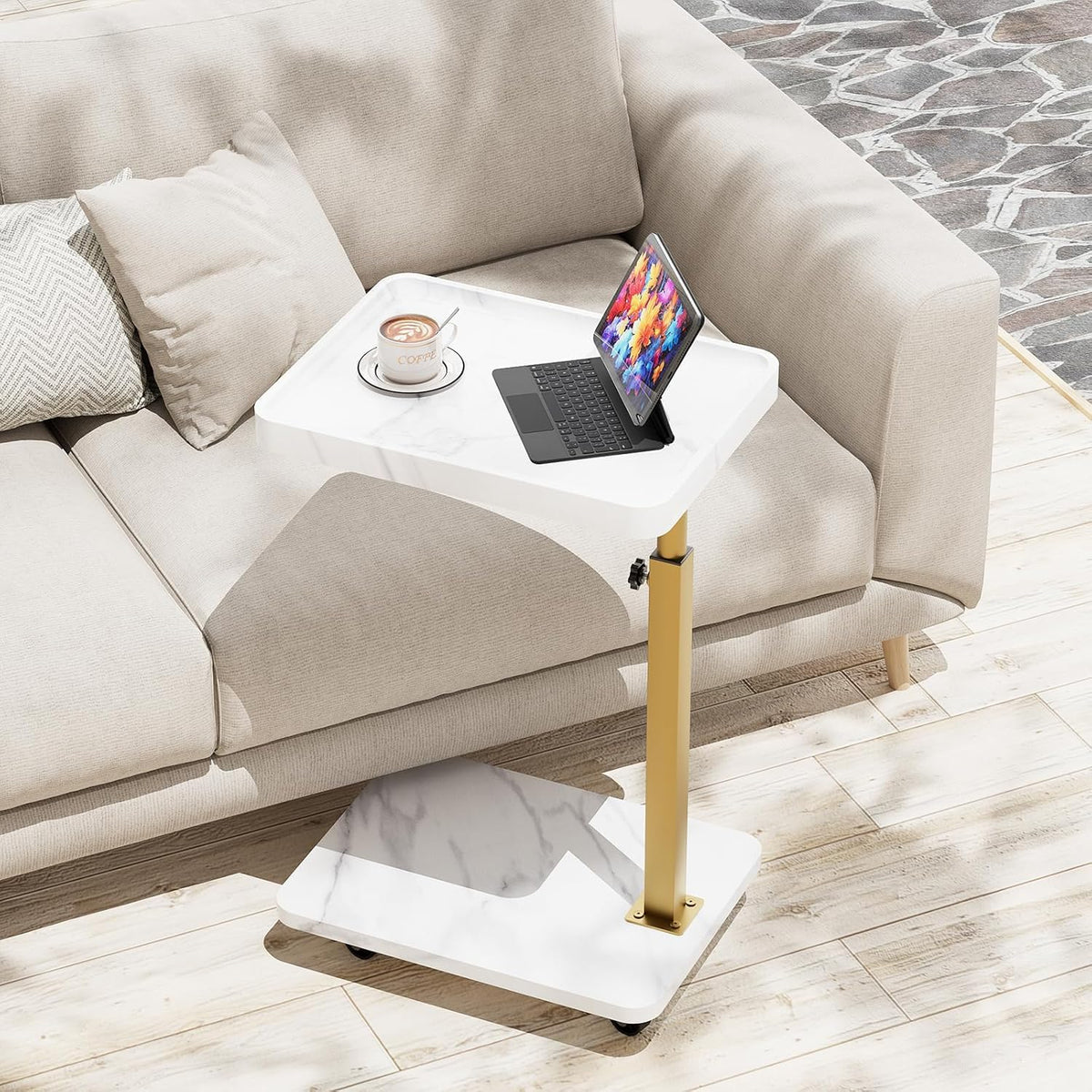 C-Shaped Side Table, Height Adjustable Sofa Table, 360° Swivel Tray Table